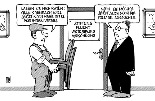 Cartoon: Steinbach (medium) by Harm Bengen tagged steinbach,guido westerwelle,regierung,vertriebenenverband,vertriebene,deutschland,polen,stiftung,flucht,vertreibung,versöhnung,erpressung,sitz,stuhl,polster,guido,westerwelle