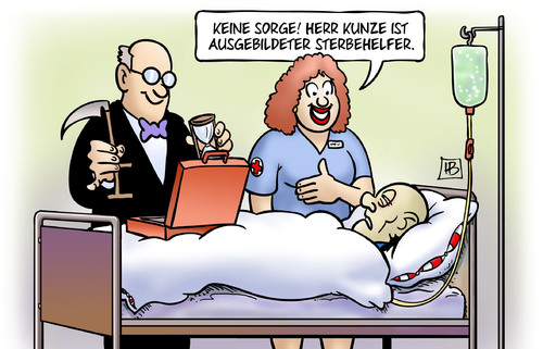 Cartoon: Sterbehilfe (medium) by Harm Bengen tagged palliativgesetz,sterbehelfer,sterbehilfe,krank,sterben,tod,tot,krankenhaus,hospiz,krankenschwester,harm,bengen,cartoon,karikatur,palliativgesetz,sterbehelfer,sterbehilfe,krank,sterben,tod,tot,krankenhaus,hospiz,krankenschwester,harm,bengen,cartoon,karikatur