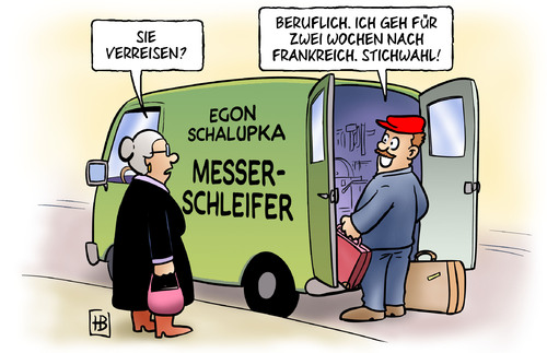 Cartoon: Stichwahl (medium) by Harm Bengen tagged stichwahl,frankreich,praesidentschaftswahl,wahl,sarkozy,hollande,messer,schleifer,urlaub,beruf,stichwahl,frankreich,präsidentschaftswahl,wahl,sarkozy,hollande