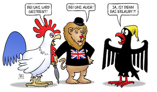 Cartoon: Streiks England Frankreich (medium) by Harm Bengen tagged streiks,england,frankreich,deutschland,gallischer,hahn,britischer,löwe,uk,gb,adler,bundesadler,harm,bengen,cartoon,karikatur,streiks,england,frankreich,deutschland,gallischer,hahn,britischer,löwe,uk,gb,adler,bundesadler,harm,bengen,cartoon,karikatur