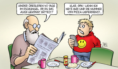 Cartoon: Survival-App (medium) by Harm Bengen tagged survival,app,kolumbien,kinder,indigene,überleben,dschungel,opa,susemil,handy,enkel,netz,pizza,lieferdienst,harm,bengen,cartoon,karikatur,survival,app,kolumbien,kinder,indigene,überleben,dschungel,opa,susemil,handy,enkel,netz,pizza,lieferdienst,harm,bengen,cartoon,karikatur