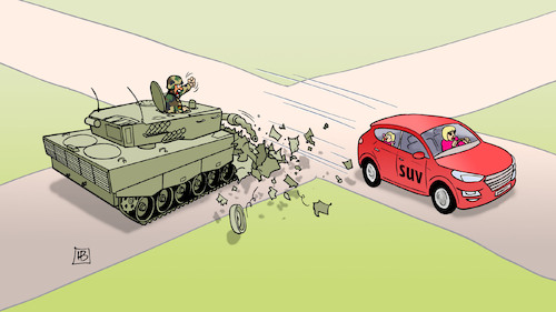 Cartoon: SUV-Beschränkungen (medium) by Harm Bengen tagged suv,beschränkungen,unfall,grüne,panzer,umwelt,harm,bengen,cartoon,karikatur,suv,beschränkungen,unfall,grüne,panzer,umwelt,harm,bengen,cartoon,karikatur