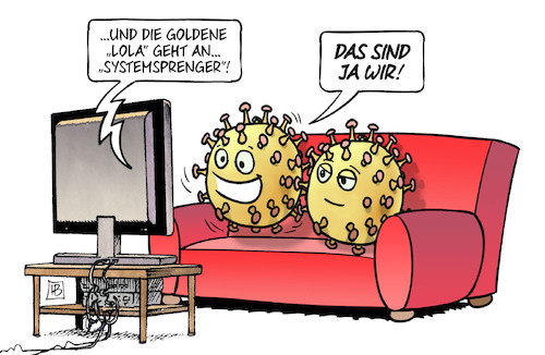 Cartoon: Systemsprenger (medium) by Harm Bengen tagged goldene,lola,systemsprenger,filmpreis,tv,sofa,corona,coronavirus,ansteckung,pandemie,epidemie,krankheit,schaden,harm,bengen,cartoon,karikatur,goldene,lola,systemsprenger,filmpreis,tv,sofa,corona,coronavirus,ansteckung,pandemie,epidemie,krankheit,schaden,harm,bengen,cartoon,karikatur