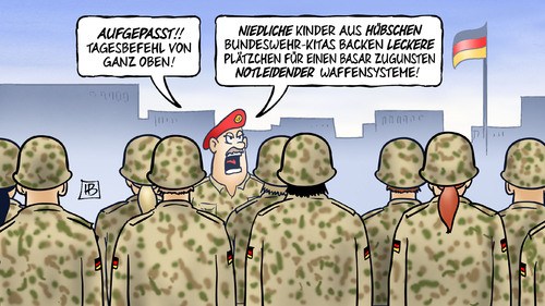 Cartoon: Tagesbefehl (medium) by Harm Bengen tagged tagesbefehl,kinder,kitas,backen,plaetzchen,basar,waffensysteme,kritik,geld,wehretat,bundeswehr,material,kaputt,von,der,leyen,bundesregierung,verteidigungsministerin,verteidigungsministerium,harm,bengen,cartoon,karikatur,tagesbefehl,kinder,kitas,backen,plaetzchen,basar,waffensysteme,kritik,geld,wehretat,bundeswehr,material,kaputt,von,der,leyen,bundesregierung,verteidigungsministerin,verteidigungsministerium,harm,bengen,cartoon,karikatur