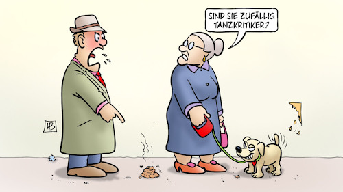 Cartoon: Tanzkritiker (medium) by Harm Bengen tagged tanzkritikerin,faz,theater,ballett,goecke,attacke,hundekot,susemil,kunst,kultur,hund,harm,bengen,cartoon,karikatur,tanzkritikerin,faz,theater,ballett,goecke,attacke,hundekot,susemil,kunst,kultur,hund,harm,bengen,cartoon,karikatur