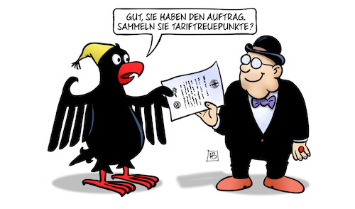 Cartoon: Tariftreue (medium) by Harm Bengen tagged tariftreuegesetz,auftragsvergabe,tariftreuepunkte,kapitalist,unternehmer,bundesadler,tarifvertrag,harm,bengen,cartoon,karikatur,tariftreuegesetz,auftragsvergabe,tariftreuepunkte,kapitalist,unternehmer,bundesadler,tarifvertrag,harm,bengen,cartoon,karikatur