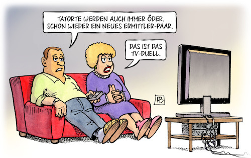 Cartoon: Tatort vs. TV-Duell (medium) by Harm Bengen tagged tatort,tv,duell,merkel,schulz,bundestagswahl,ermittler,paar,langeweile,harm,bengen,cartoon,karikatur,tatort,tv,duell,merkel,schulz,bundestagswahl,ermittler,paar,langeweile,harm,bengen,cartoon,karikatur