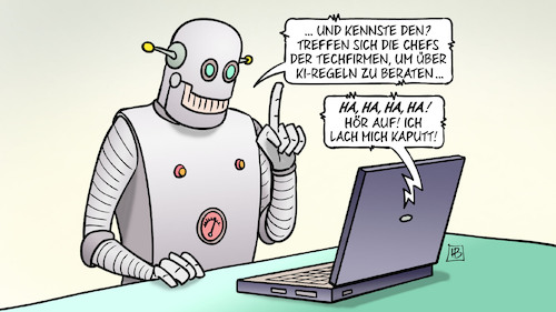 Cartoon: Tech-Chefs und KI (medium) by Harm Bengen tagged chefs,techfirmen,ki,regeln,roboter,laptop,computer,witz,lachen,humor,harm,bengen,cartoon,karikatur,chefs,techfirmen,ki,regeln,roboter,laptop,computer,witz,lachen,humor,harm,bengen,cartoon,karikatur