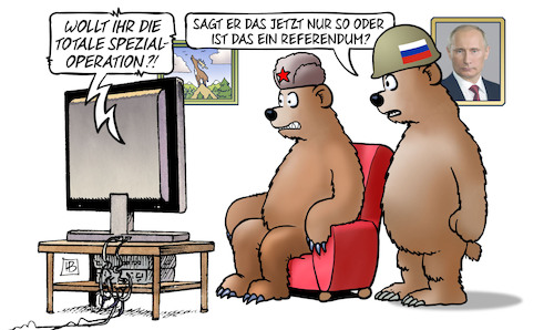 Cartoon: Teilmobilmachung (medium) by Harm Bengen tagged teilmobilmachung,spezialoperation,referendum,baeren,tv,putin,krieg,ukraine,russland,harm,bengen,cartoon,karikatur,teilmobilmachung,spezialoperation,referendum,baeren,tv,putin,krieg,ukraine,russland,harm,bengen,cartoon,karikatur