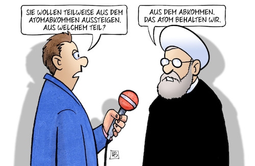 Cartoon: Teilweiser Ausstieg (medium) by Harm Bengen tagged atomabkommen,deal,iran,rohani,usa,aussteigen,interview,harm,bengen,cartoon,karikatur,atomabkommen,deal,iran,rohani,usa,aussteigen,interview,harm,bengen,cartoon,karikatur