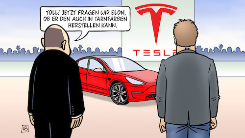 Cartoon: Tesla-Fabrik (medium) by Harm Bengen tagged tesla,einweihung,fabrik,eröffnung,elon,musk,scholz,habeck,tarnfarben,krieg,ukraine,harm,bengen,cartoon,karikatur,tesla,einweihung,fabrik,eröffnung,elon,musk,scholz,habeck,tarnfarben,krieg,ukraine,harm,bengen,cartoon,karikatur