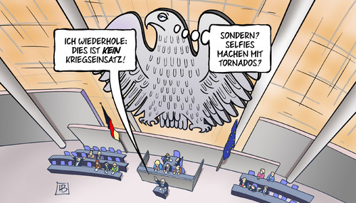 Cartoon: Tornado-Selfies (medium) by Harm Bengen tagged kriegseinsatz,bundesadler,selfies,kabinett,bundesregierung,bundeswehr,soldaten,militär,parlament,bundestag,beschluss,auslandseinsatz,kampfeinsatz,konzept,plan,strategie,syrien,irak,einsatz,tornados,fregatte,krieg,terror,is,harm,bengen,cartoon,karikatur,kriegseinsatz,bundesadler,selfies,kabinett,bundesregierung,bundeswehr,soldaten,militär,parlament,bundestag,beschluss,auslandseinsatz,kampfeinsatz,konzept,plan,strategie,syrien,irak,einsatz,tornados,fregatte,krieg,terror,is,harm,bengen,cartoon,karikatur