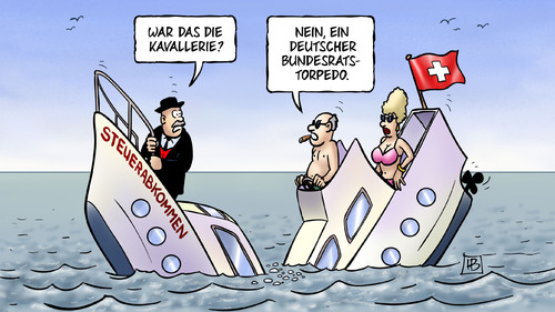 Cartoon: Torpedo (medium) by Harm Bengen tagged torpedo,bundesregierung,bundesrat,steuerabkommen,steuerflucht,steuerhinterziehung,schweiz,harm,bengen,cartoon,karikatur,torpedo,bundesregierung,bundesrat,steuerabkommen,steuerflucht,steuerhinterziehung,schweiz,harm,bengen,cartoon,karikatur