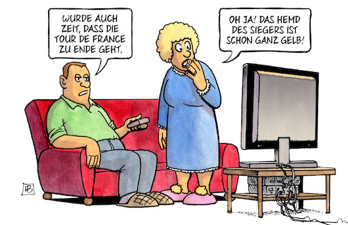 Cartoon: Tour-Ende (medium) by Harm Bengen tagged zeit,tour,de,france,ende,hemd,shirt,gelbes,trikot,sieger,tv,harm,bengen,cartoon,karikatur,zeit,tour,de,france,ende,hemd,shirt,gelbes,trikot,sieger,tv,harm,bengen,cartoon,karikatur