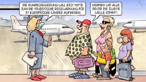 Cartoon: Touristische Reisewarnung (medium) by Harm Bengen tagged bundesregierung,touristische,reisewarnung,zweite,welle,urlauber,flughafen,stewardess,corona,coronavirus,ansteckung,pandemie,epidemie,krankheit,schaden,harm,bengen,cartoon,karikatur,bundesregierung,touristische,reisewarnung,zweite,welle,urlauber,flughafen,stewardess,corona,coronavirus,ansteckung,pandemie,epidemie,krankheit,schaden,harm,bengen,cartoon,karikatur