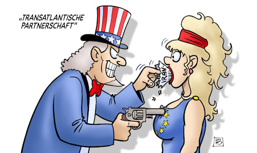 Cartoon: Transatlantische Partnerschaft (medium) by Harm Bengen tagged transatlantische,partnerschaft,usa,europa,uncle,sam,iran,atomabkommen,pistole,sanktionen,erpressung,harm,bengen,cartoon,karikatur,transatlantische,partnerschaft,usa,europa,uncle,sam,iran,atomabkommen,pistole,sanktionen,erpressung,harm,bengen,cartoon,karikatur