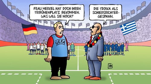 Cartoon: Tribünenplatz (medium) by Harm Bengen tagged viertelfinale,spiel,europameisterschaft,em,fußball,tribünenplatz,deutschland,griechenland,merkel,bundeskanzlerin,uefa,troika,eu,europa,euro,eurokrise,schulden,staatsschulden,kontrolle,schiedsrichter,fussball,griechenland,viertelfinale,deutschland,em 2012,euro 2012,em,2012,euro