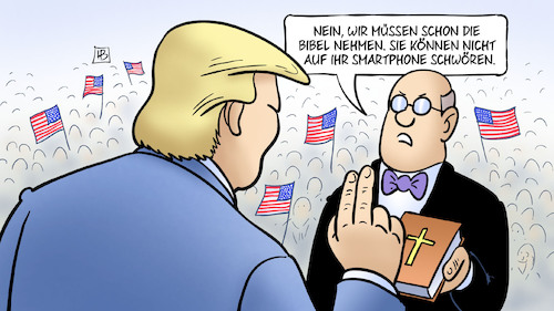 Cartoon: Trump-Amtseinführung (medium) by Harm Bengen tagged trump,amtseinführung,bibel,smartphone,schören,schwur,präsident,usa,harm,bengen,cartoon,karikatur,trump,amtseinführung,bibel,smartphone,schören,schwur,präsident,usa,harm,bengen,cartoon,karikatur