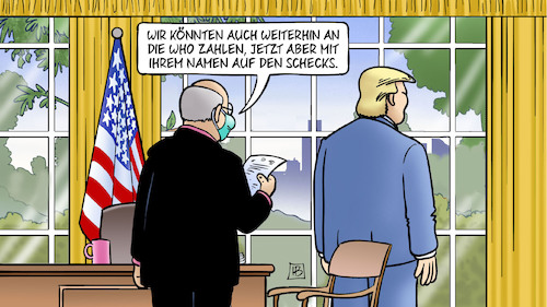 Cartoon: Trump-Schecks (medium) by Harm Bengen tagged trump,oval,office,who,beitrag,schecks,eitelkeit,corona,coronavirus,ansteckung,pandemie,epidemie,krankheit,schaden,harm,bengen,cartoon,karikatur,trump,oval,office,who,beitrag,schecks,eitelkeit,corona,coronavirus,ansteckung,pandemie,epidemie,krankheit,schaden,harm,bengen,cartoon,karikatur