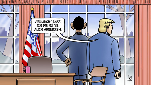 Cartoon: Trump im Oval Office (medium) by Harm Bengen tagged hütte,abreissen,weisses,haus,oval,office,obama,wechsel,flagge,donald,trump,präsident,wahl,usa,harm,bengen,cartoon,karikatur,hütte,abreissen,weisses,haus,oval,office,obama,wechsel,flagge,donald,trump,präsident,wahl,usa,harm,bengen,cartoon,karikatur