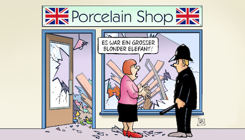 Cartoon: Trump in UK (medium) by Harm Bengen tagged blonder,elefant,porcelain,shop,porzellanladen,trump,staatsbesuch,uk,gb,bobby,polizei,harm,bengen,cartoon,karikatur,blonder,elefant,porcelain,shop,porzellanladen,trump,staatsbesuch,uk,gb,bobby,polizei,harm,bengen,cartoon,karikatur