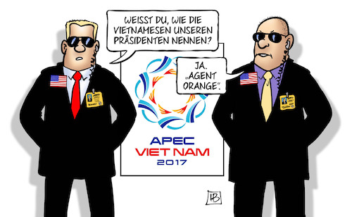 Cartoon: Trump in Vietnam (medium) by Harm Bengen tagged vietnamesen,apec,präsident,agent,orange,krieg,gift,bodyguards,security,trump,usa,staatsbesuch,harm,bengen,cartoon,karikatur,vietnamesen,apec,präsident,agent,orange,krieg,gift,bodyguards,security,trump,usa,staatsbesuch,harm,bengen,cartoon,karikatur