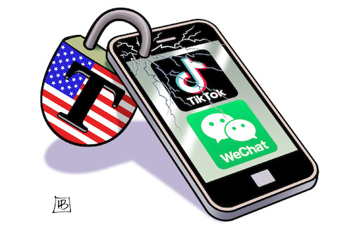 Cartoon: Trump sperrt Tiktok (medium) by Harm Bengen tagged china,apps,tiktok,wechat,trump,usa,schloss,harm,bengen,cartoon,karikatur,china,apps,tiktok,wechat,trump,usa,schloss,harm,bengen,cartoon,karikatur