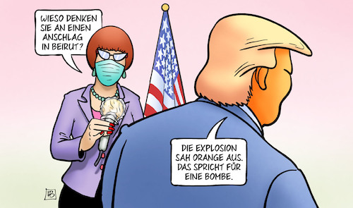 Cartoon: Trump und Beirut (medium) by Harm Bengen tagged anschlag,explosion,beirut,orange,bombe,trump,interview,harm,bengen,cartoon,karikatur,anschlag,explosion,beirut,orange,bombe,trump,interview,harm,bengen,cartoon,karikatur