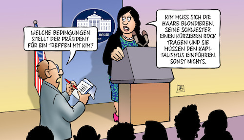 Cartoon: Trumps Bedingungen (medium) by Harm Bengen tagged trump,bedingungen,präsident,usa,treffen,kim,nordkorea,haare,blondieren,schwester,rock,kapitalismus,huckabee,sanders,pressekonferenz,weisses,haus,harm,bengen,cartoon,karikatur,trump,bedingungen,präsident,usa,treffen,kim,nordkorea,haare,blondieren,schwester,rock,kapitalismus,huckabee,sanders,pressekonferenz,weisses,haus,harm,bengen,cartoon,karikatur