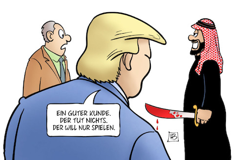 Cartoon: Trumps Saudi-Schutz (medium) by Harm Bengen tagged kunde,spielen,waffenhandel,president,trump,journalist,tod,tot,istanbul,konsulat,botschaft,türkei,saudi,arabien,khashoggi,mord,harm,bengen,cartoon,karikatur,kunde,spielen,waffenhandel,president,trump,journalist,tod,tot,istanbul,konsulat,botschaft,türkei,saudi,arabien,khashoggi,mord,harm,bengen,cartoon,karikatur