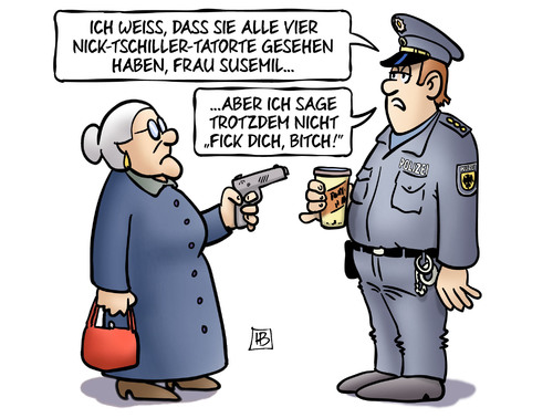 Cartoon: Tschiller (medium) by Harm Bengen tagged nick,tschiller,tatort,tv,krimi,polizei,polizist,pistole,bitch,susemil,harm,bengen,cartoon,karikatur,nick,tschiller,tatort,tv,krimi,polizei,polizist,pistole,bitch,susemil,harm,bengen,cartoon,karikatur