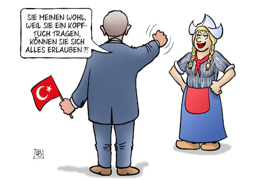 Cartoon: Türkei-Niederlande (medium) by Harm Bengen tagged kopftuch,auftrittsverbote,erdogan,wahlkampf,türkei,niederlande,holland,ministerin,harm,bengen,cartoon,karikatur,kopftuch,auftrittsverbote,erdogan,wahlkampf,türkei,niederlande,holland,ministerin,harm,bengen,cartoon,karikatur