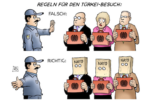 Cartoon: Türkei-Regeln (medium) by Harm Bengen tagged türkei,besuch,bundestag,abgeordnete,regeln,polizei,falsch,richtig,nato,konya,incirlik,harm,bengen,cartoon,karikatur,türkei,besuch,bundestag,abgeordnete,regeln,polizei,falsch,richtig,nato,konya,incirlik,harm,bengen,cartoon,karikatur