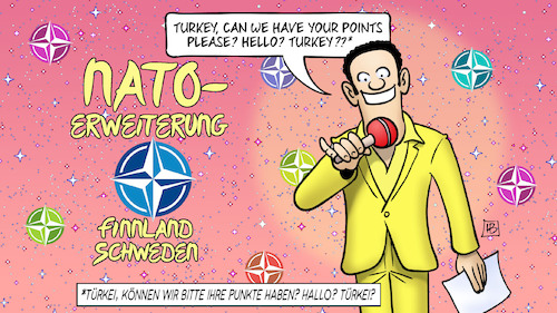 Cartoon: Türkei und NATO-Erweiterung (medium) by Harm Bengen tagged nato,erweiterung,finnland,schweden,türkei,punkte,pkk,ablehnung,esc,finale,russland,ukraine,krieg,harm,bengen,cartoon,karikatur,nato,erweiterung,finnland,schweden,türkei,punkte,pkk,ablehnung,esc,finale,russland,ukraine,krieg,harm,bengen,cartoon,karikatur