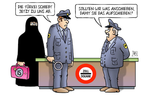 Cartoon: Türkische Abschiebungen (medium) by Harm Bengen tagged türkei,abschiebungen,anschieben,aufschieben,zoll,is,islamismus,einreise,grenze,koffer,harm,bengen,cartoon,karikatur,türkei,abschiebungen,anschieben,aufschieben,zoll,is,islamismus,einreise,grenze,koffer,harm,bengen,cartoon,karikatur