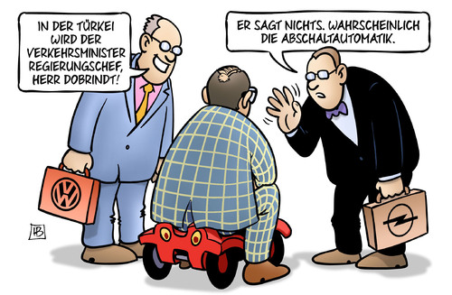 Cartoon: Türkischer Verkehrsminister (medium) by Harm Bengen tagged türkei,verkehrsminister,yildirim,akp,erdogan,regierungschef,dobrindt,abgasskandal,vw,opel,abschaltautomatik,harm,bengen,cartoon,karikatur,türkei,verkehrsminister,yildirim,akp,erdogan,regierungschef,dobrindt,abgasskandal,vw,opel,abschaltautomatik,harm,bengen,cartoon,karikatur