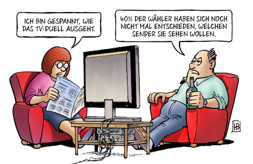 Cartoon: TV-Duell-Sender (medium) by Harm Bengen tagged tv,duell,merkel,schulz,bundestagswahl,wähler,unentschieden,sender,harm,bengen,cartoon,karikatur,tv,duell,merkel,schulz,bundestagswahl,wähler,unentschieden,sender,harm,bengen,cartoon,karikatur