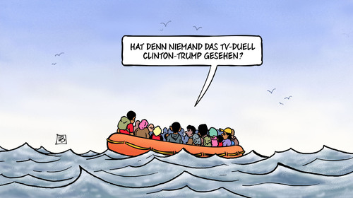 Cartoon: TV-Duell-Wichtigkeit (medium) by Harm Bengen tagged karikatur,trump,clinton,ausschlaggebend,wichtigkeit,duell,tv,cartoon,bengen,harm,mittelmeer,schlauchboot,flüchtlinge,flucht,praesidentschaftswahlkampf,usa,tv,duell,wichtigkeit,ausschlaggebend,clinton,trump,usa,praesidentschaftswahlkampf,flucht,flüchtlinge,schlauchboot,mittelmeer,harm,bengen,cartoon,karikatur