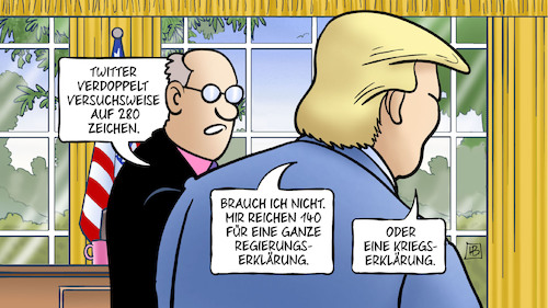 Cartoon: Twitter 280 Zeichen (medium) by Harm Bengen tagged twitter,verdoppelt,versuchsweise,280,zeichen,140,regierungserklärung,kriegserklärung,trump,handy,internet,harm,bengen,cartoon,karikatur,twitter,verdoppelt,versuchsweise,280,zeichen,140,regierungserklärung,kriegserklärung,trump,handy,internet,harm,bengen,cartoon,karikatur