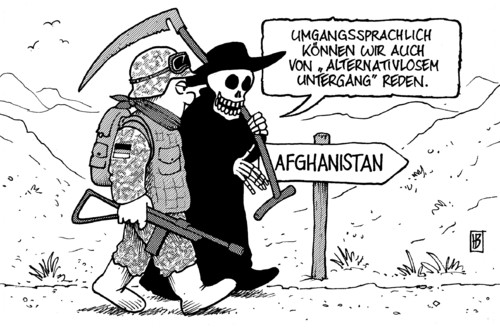 Cartoon: Umgangssprachlich (medium) by Harm Bengen tagged umgangssprachlich,sprache,afghanistan,kandahar,kundus,guttenberg,verteidigungsminister,krieg,bundeswehr,taliban,karsai,militär,untergang,vernichtung