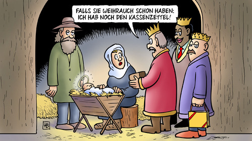 Cartoon: Umtausch (medium) by Harm Bengen tagged umtausch,weihnachten,krippe,jesus,kind,maria,josef,joseph,weihrauch,kassenzettel,könige,heilige,umtausch,weihnachten,krippe,jesus,kind