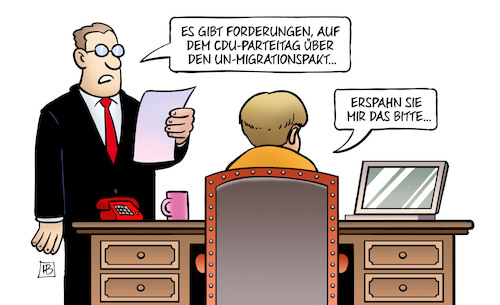 Cartoon: UN-Migrationspakt (medium) by Harm Bengen tagged forderungen,cdu,parteitag,un,migrationspakt,debatte,jens,spahn,merkel,harm,bengen,cartoon,karikatur,forderungen,cdu,parteitag,un,migrationspakt,debatte,jens,spahn,merkel,harm,bengen,cartoon,karikatur