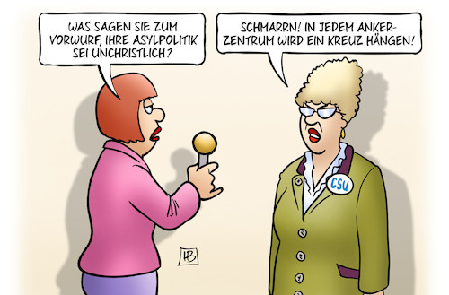 Cartoon: Unchristlich (medium) by Harm Bengen tagged vorwurf,asylpolitik,unchristlich,schmarrn,ankerzentrum,kreuz,religion,csu,interview,bayern,harm,bengen,cartoon,karikatur,vorwurf,asylpolitik,unchristlich,schmarrn,ankerzentrum,kreuz,religion,csu,interview,bayern,harm,bengen,cartoon,karikatur