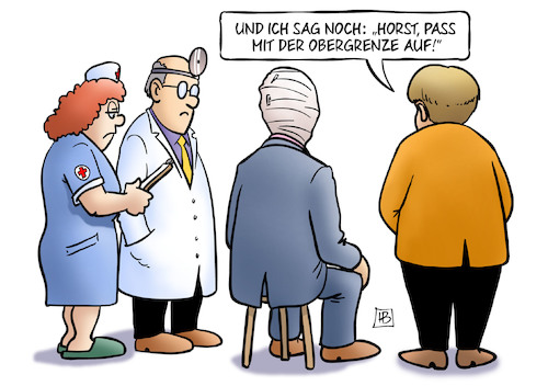 Cartoon: Unions-Sondierungen (medium) by Harm Bengen tagged union,cdu,csu,sondierungen,jamaika,horst,seehofer,merkel,obergrenze,arzt,krankenschwester,verband,harm,bengen,cartoon,karikatur,union,cdu,csu,sondierungen,jamaika,horst,seehofer,merkel,obergrenze,arzt,krankenschwester,verband,harm,bengen,cartoon,karikatur