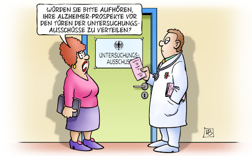 Cartoon: Untersuchungsausschüsse (medium) by Harm Bengen tagged untersuchungsausschuss,bundestag,alzheimer,prospekte,verteilen,arzt,harm,bengen,cartoon,karikatur,untersuchungsausschuss,bundestag,alzheimer,prospekte,verteilen,arzt,harm,bengen,cartoon,karikatur