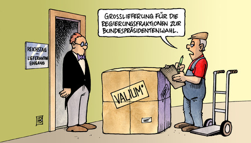 Cartoon: Valium (medium) by Harm Bengen tagged valium,regierung,fraktionen,wahl,bundespräsident,wulff,gauck,jochimsen,paket,lieferung,saaldiener,hintereingang,lieferant,valium,regierung,fraktionen,wahl,wahlen,bundespräsident,gauck,wulff,jochimsen,paket,lieferung,saaldiener,hintereingang