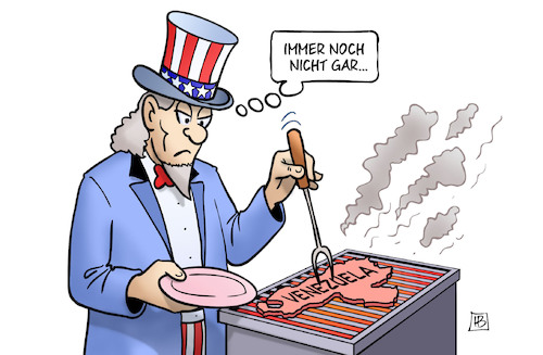 Cartoon: Venezuela gar (medium) by Harm Bengen tagged gar,grill,uncle,sam,usa,venezuela,einmischung,invasion,intervention,wirtschaftskrieg,blockade,harm,bengen,cartoon,karikatur,gar,grill,uncle,sam,usa,venezuela,einmischung,invasion,intervention,wirtschaftskrieg,blockade,harm,bengen,cartoon,karikatur