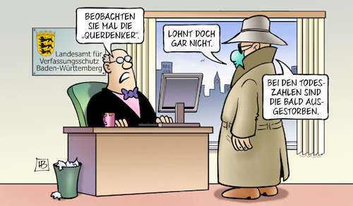 Cartoon: Verfassungsschutz und Querdenker (medium) by Harm Bengen tagged beobachten,beobachtung,agent,maske,querdenker,todeszahlen,ausgestorben,landesamt,verfassungsschutz,baden,württemberg,harm,bengen,cartoon,karikatur,beobachten,beobachtung,agent,maske,querdenker,todeszahlen,ausgestorben,landesamt,verfassungsschutz,baden,württemberg,harm,bengen,cartoon,karikatur