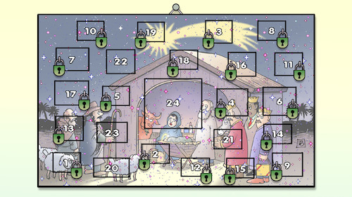 Cartoon: Verlängerter Lockdown (medium) by Harm Bengen tagged verlängerter,lockdown,adventskalender,sterne,vorhängeschlösser,schloss,weihnachten,corona,krippe,harm,bengen,cartoon,karikatur,verlängerter,lockdown,adventskalender,sterne,vorhängeschlösser,schloss,weihnachten,corona,krippe,harm,bengen,cartoon,karikatur