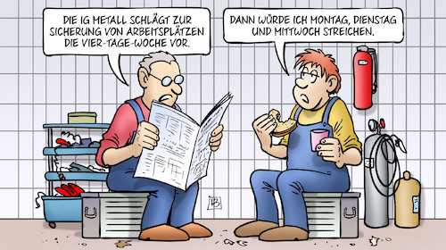 Cartoon: Vier-Tage-Woche (medium) by Harm Bengen tagged ig,metall,sicherung,arbeitsplätze,vier,tage,woche,montag,dienstag,mittwoch,streichen,arbeiter,harm,bengen,cartoon,karikatur,ig,metall,sicherung,arbeitsplätze,vier,tage,woche,montag,dienstag,mittwoch,streichen,arbeiter,harm,bengen,cartoon,karikatur